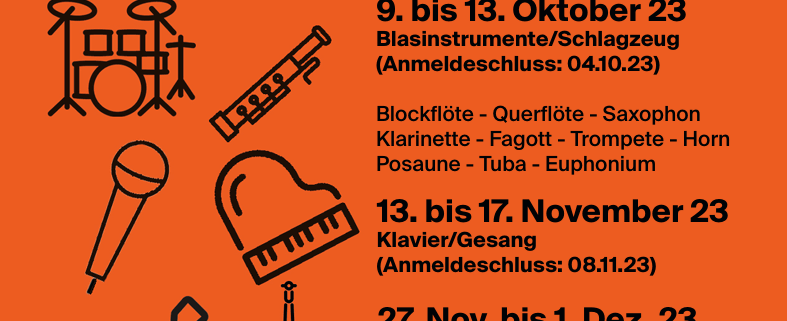 Plakat der Musikschule Königstein für Aktionswochen 2023 mit 20 % Rabatt auf Probestunden.