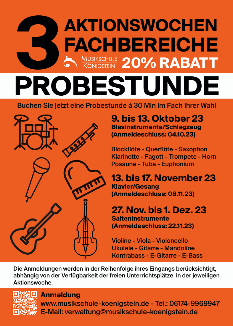 Plakat der Musikschule Königstein für Aktionswochen 2023 mit 20 % Rabatt auf Probestunden.