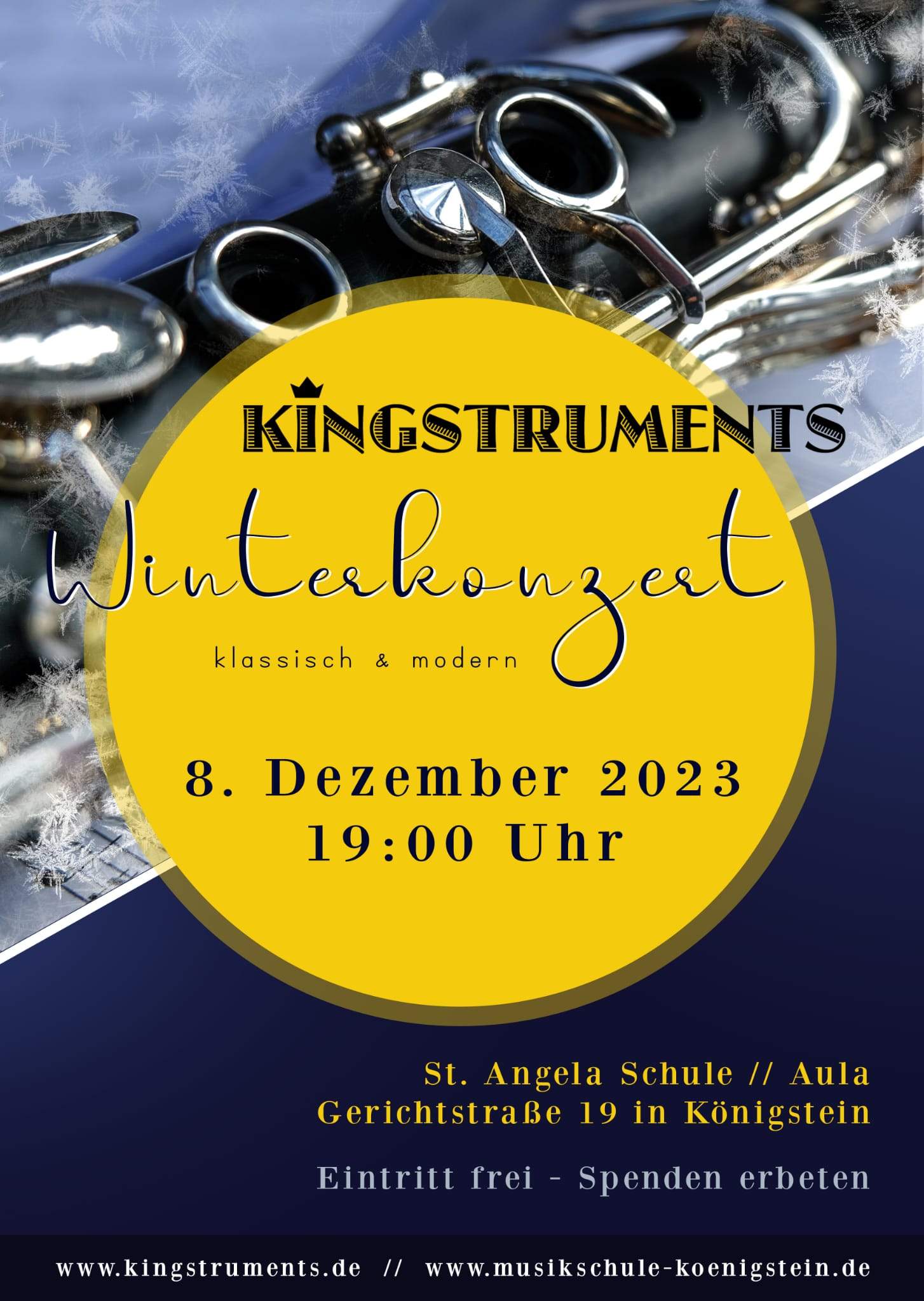 Plakat des Ensembles Kingstruments zum Winterkonzert am 8. Dezember 2023 um 19 Uhr in der Aula der St. Angela Schule in Königstein. Klassisch und modern. Eintritt frei, Spenden erbeten.