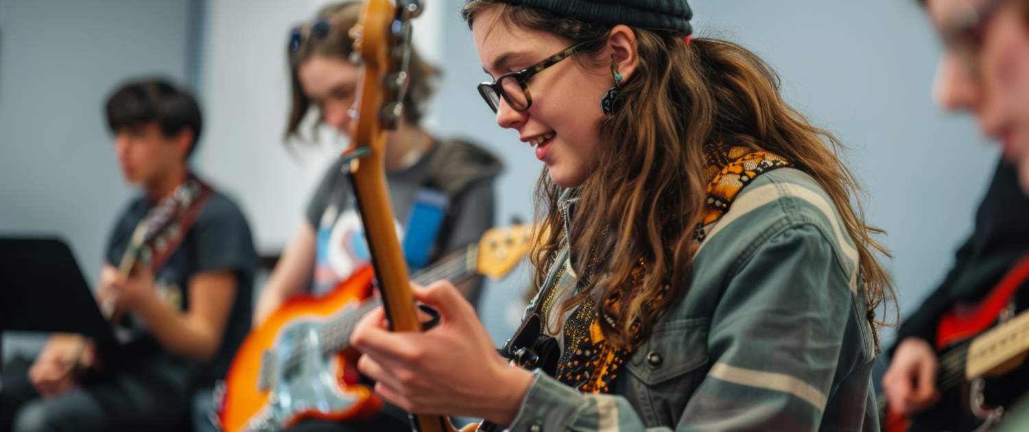 Mehrere junge Musiker improvisieren gemeinsam in einer Jam-Session – sie spielen Instrumente, lachen und genießen den Moment im Ensemble.