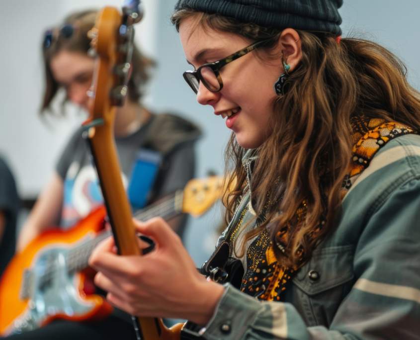 Mehrere junge Musiker improvisieren gemeinsam in einer Jam-Session – sie spielen Instrumente, lachen und genießen den Moment im Ensemble.